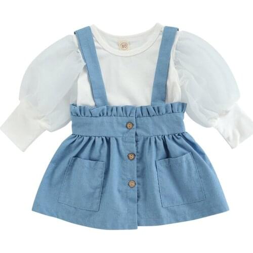 Pudcoco 1-5Y 2Pcs Baby Girls Summer Toddler Kids Long Puff Sleeve O-Neck White Blouse Tops+Denim Suspender Overall Skirt Sets