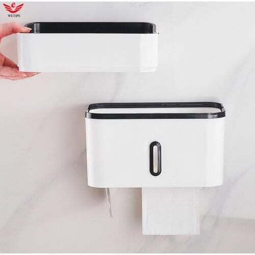 Wetips Self Adhesive Toliet Paper Holder Waterproof Plastic Paper Rack Tissue Hanger Wall Double Toilet Paper Holder Storage Box