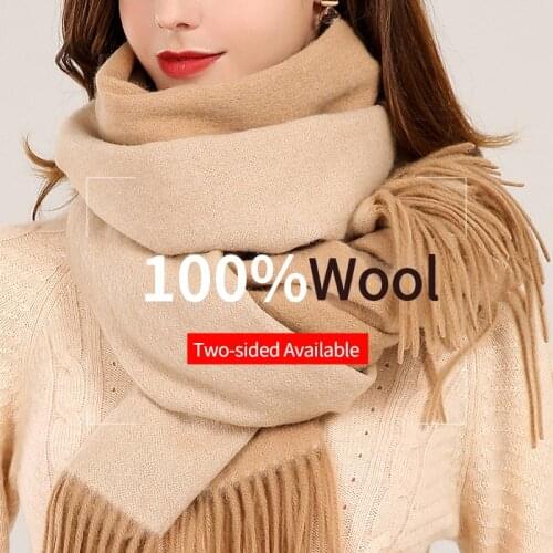 Autumn Winter 100% Pure Wool Scarves Women Reversible Shawls and Wraps Echarpe for Ladies Solid Fine Lamb Wool Scarves Foulard