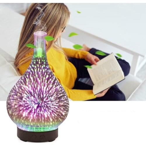 Air Humidifier 100ml 3D Fireworks Cool Home Mist Humidifier Aroma Diffuser Glass Vase Mist Maker with 7 Color Led Night Light