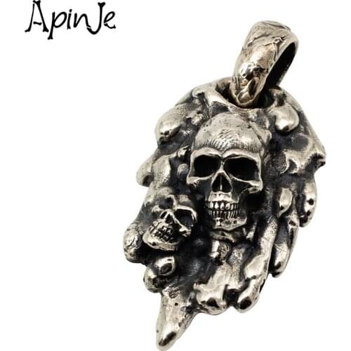 Apinje Thai Silver Vintage 925 Sterling Silver Retro Skull Necklace Pendant Gothic Jewelry Choker