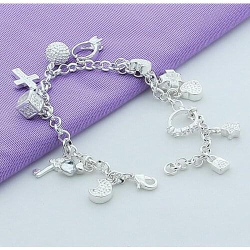 Silver 925 Jewelry Star Moon CZ Charm Bracelet Fashion Jewelry Cross Chain Bracelet 20cm For Women Gift