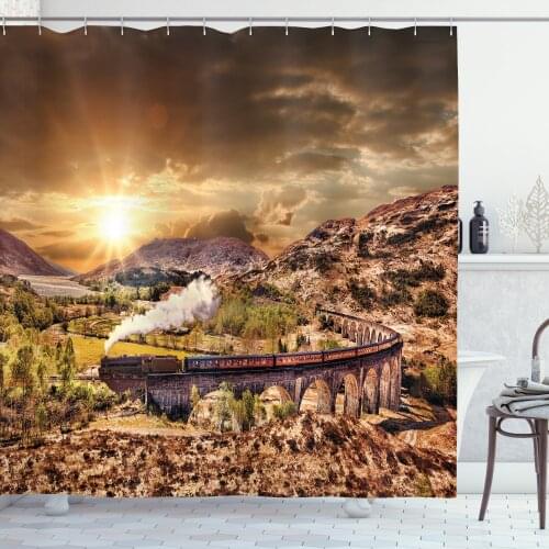Train Landscape Shower Curtain Set Rustic Old Vagon Panorama Curtain for Bathroom Decor 12 Hooks Decorative Bath Accessory