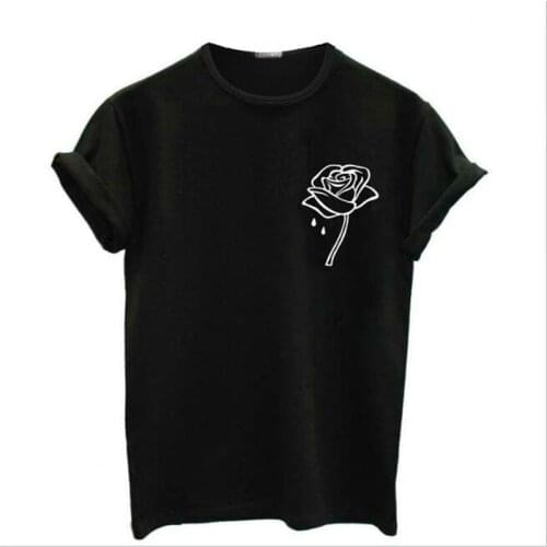 New Fashion Summer T-Shirt Womens Rose Sakura Print Casual Harajuku Hot Sale Red O Neck Women Tops Black/White/Red Tee Tops