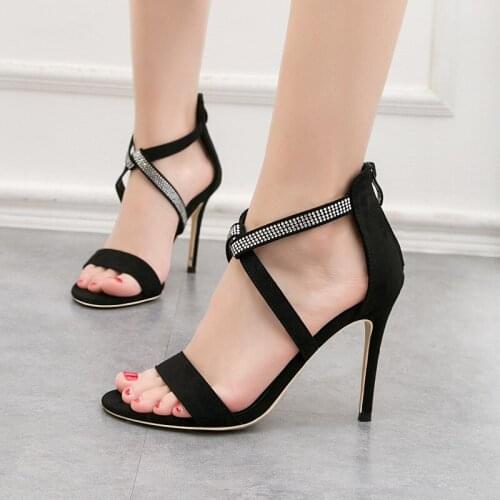 Women shoes 2021 Sexy sandals slim heel ultra high heel suede open-toe one-character rhinestone heels