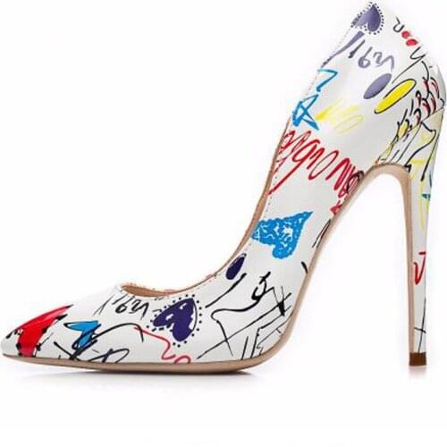 Graffiti Heels Women Shoes Fashion Extreme High Heels Fetish White Blue Black Stiletto Women Pumps Party Shoes Plus Size 41 42