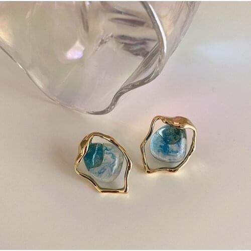 VSnow Unique Design Blue Resin Irregular Geometric Dangle Earrings for Women Girl Vintage Hollow Out Metal Earrings Jewelry New