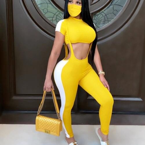 Knit Ribbed Patchwork Women Set Two Piece Set Crop Top + Jumpsuit Solid Color Short Sleeve Tracksuit Clothes