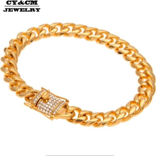 CY&CM 10/12mm Men Stainless Steel Miami Cuban Chain Link Iced Out Rhinestone Gold Silver Color Luxury Bracelet Box Clasp Jewelry
