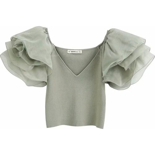 Elegant Sweetheart Neckline Shirts Short Sleeves Organza Green Shirt Short T-shirts Woman 2021 Summer Women Solid Knit Crop Tops