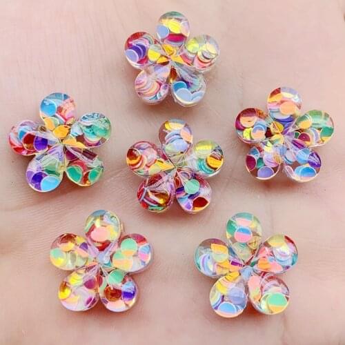New arrival 19mm(Thickness 7mm) 6pcs Resin Shiny Colorful Flower Flat Back Rhinestone Ornaments DIY Wedding Appliques Craft