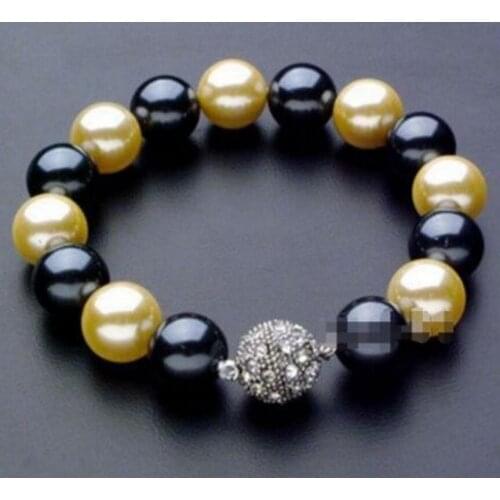 New hot Rare 10mm Genuine Black Yellow Round South Sea Shell Pearl Bracelet 7.5'' AAA