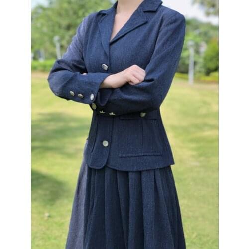 Pure Color Suit Coat Womens British Style Spring Waist Small Fragrance Foreign Style Pleated Skirt Suit Lapel Streetwear
