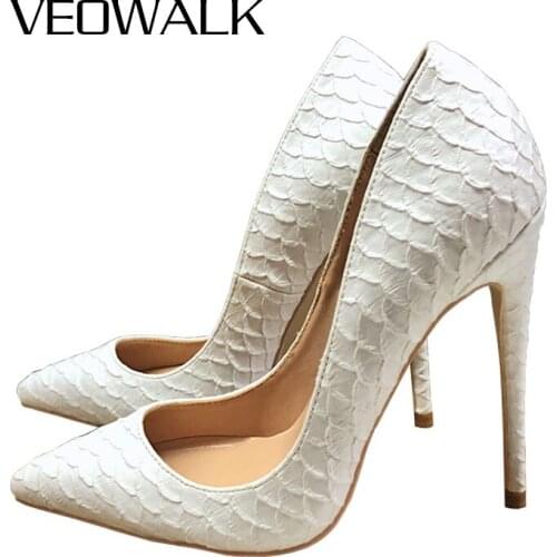 Veowalk White Embrossed Crocodile Pattern Women Sexy Stileeto High Heels Ladies Pointed Toe Pumps Woman Party Shoes 8/10/12cm