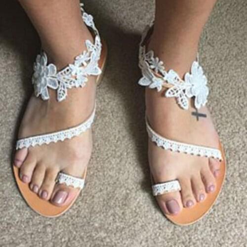 Woman Flat Lace Sandals Fashion Design Open Toe Flower Flat Heel Sandals White Bridal Peed Toe Summer Shoe Flat Beach