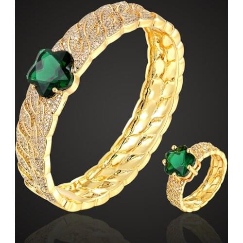 Zlxgirl high quality Green Cubic zircon flower bangle with ring jewelry set fashion women size copper pave setting bracelet sets