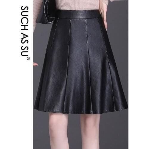 SUCH AS SU New 2020 Autumn Winter PU Leather Skirt Women Sexy Black High Waist Knee-Length Skirt S-3XL Size Ladies Pleated Skirt