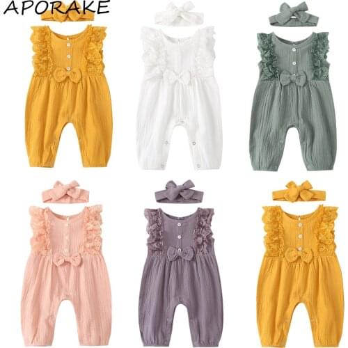 2021 0-24M Infant Baby Girl Cotton Linen Clothes Romper Summer New Flower Lace Sleeveless Bow Jumpsuit+Headband 2pcs Outfits Set
