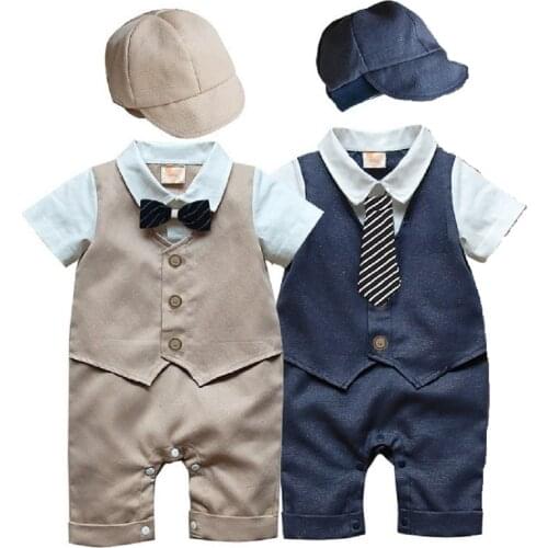 Handsome Baby Boys Clothes Newborn Rompers Gentleman Costumes Baby Jumpsuits With Hats Short Sleeve Tuxedo Vest Cotton Bow Ties