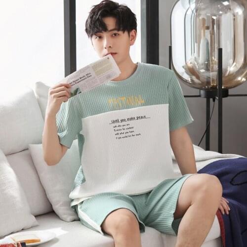 Summer Men Pajamas Set Fashion Cool Green Patchwork Letter Print Sleepwear 2021 New Casual Plus Size Short Sleeve Male Nightwear