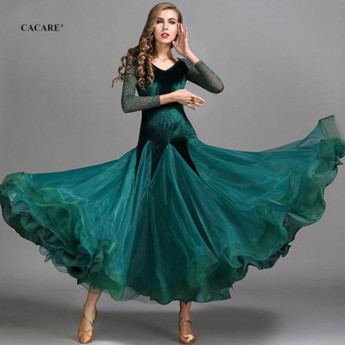 NEW Ballroom Dance Competition Dresses Women Waltz Dress Standard Dancing Wear Costume D1003 Lace Sleeve Big Sheer Hem CACARE