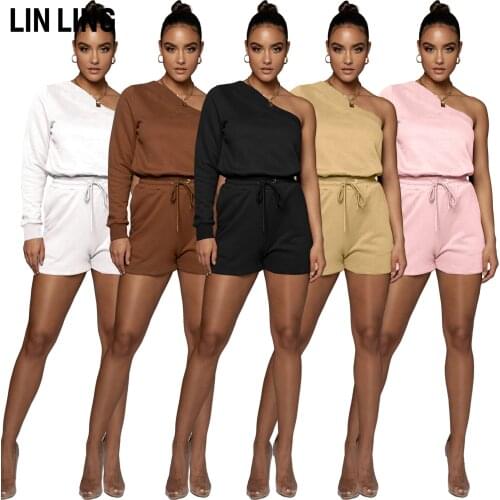 LINLING One Sleeve Solid Color Diagonal Shoulder Irregular Sweater Drawstring Shorts Set Fashion Leisure Sports Suit