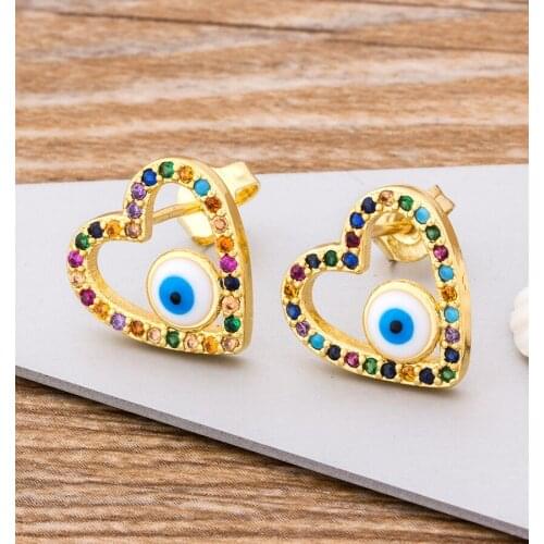 INS Hot Sale Rainbow Zircon Earrings Jewelry Heart & Evil Eye Shape Gold Earrings Best Birthday Wedding Party Gift For Women