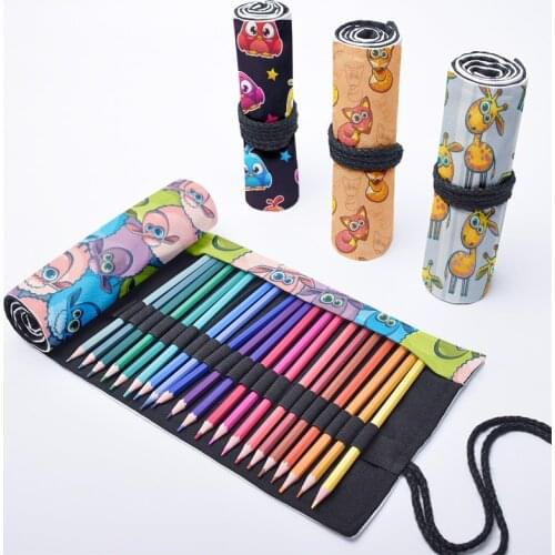 Cute Animal Print Student Pen Curtain 12/24/36/48/72 Holes Pencil Case Boys Girls Unisex Funny Sheep Giraffe Roll Canvas Pen Bag