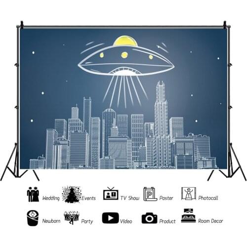 Stick Figure Flying Saucer Tall Building Portrait Photography Backdrop Decor Photo Background Studio Photocall Props