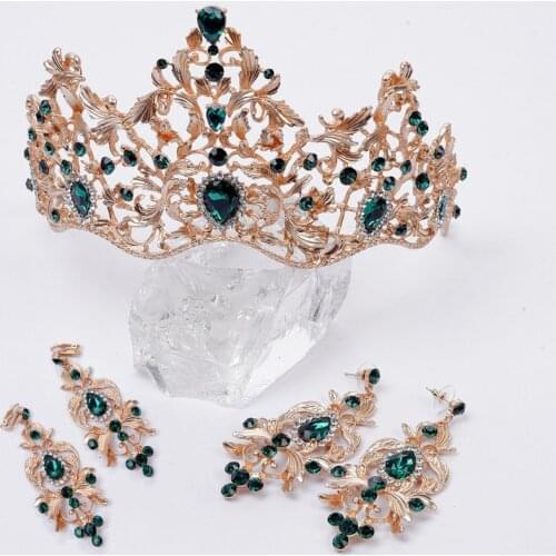 Wedding crown for women Red Green gold bridal tiara queen bride crown with earrings baroque headband princess prom hair Jewelry