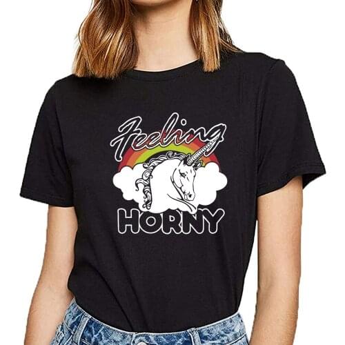 Tops T Shirt Women feeling horny unicorn cute tee rainbow pun funny r maternity Comic Inscriptions Short Female Tshirt