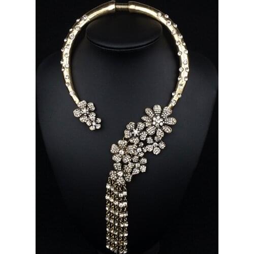 Vintage Statement Open Choker Necklace Women Multi layer Crystal Flowers Tassel Pendants Necklaces Large Collar Choker Necklace
