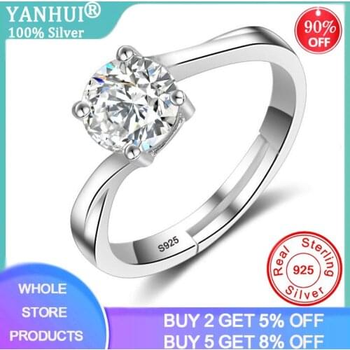 YANHUI Simple Opening Ring Minimalist Silver 925 Jewelry Solitaire 1ct Lab Diamond Engagement Adjustable Rings For Women XR056