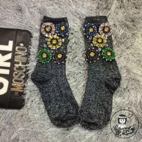 Calcetines Mujer Mujer Hot Sale Women Socks Japan 2020 High-end Custom Tide Brand Diamond Flower Beaded Sequined Casual 1 Double