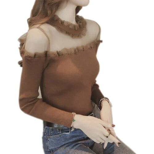 Hollow Out Autumn Spring Women Knitted Blouses Shirt Lace Patchwork Casual Long Sleeve Lace Collar Patchwork Blusas Tops DD1489