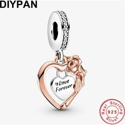 Heart & Rose Flower Dangle Charm Pendant Fit Pandora Original Bracelet Charm 925 Sterling Silver Charm Women Jewelry Berloque
