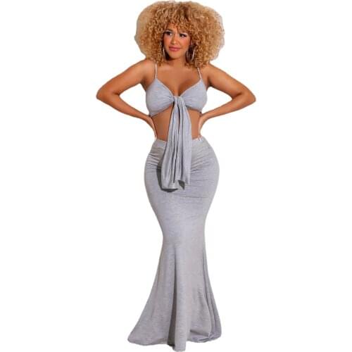 2021 New Fashion 2 Piece Set Women Skirts Sleeveless Bow Crop Top Tee And Bodycon Midi Dress Long Evening Party Club Sundress