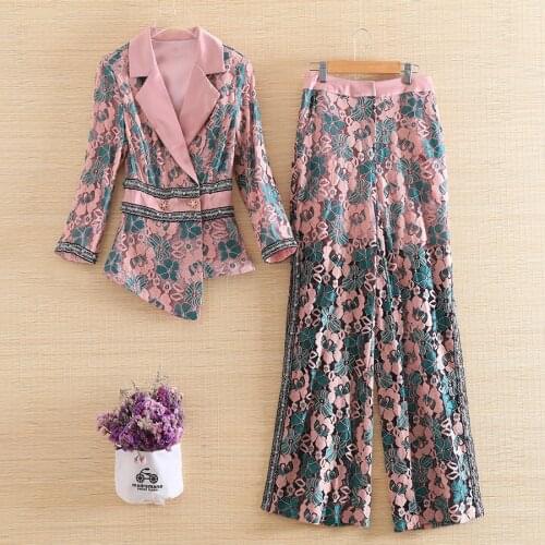Embro Mill autumn women 2 pieces set vintage floral slim lace suit + Split wide leg pants elegant lady suit female S-XL