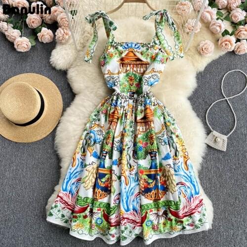 Banulin Runway Summer Bow Tank Dress 2021 New Womens Spaghetti Strap Backless Palace Floral Print Party Pleated Dress N66826
