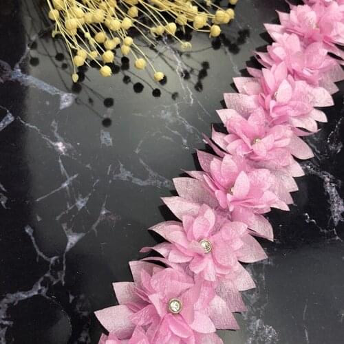 1 yard Pink Lace Ribbon Pearl Diamond 3D Flower Leaf Embroidered Lace Trim Fabric Sewing Craft DIY For Costume Wedding Dress Clothes Hat Decoration
