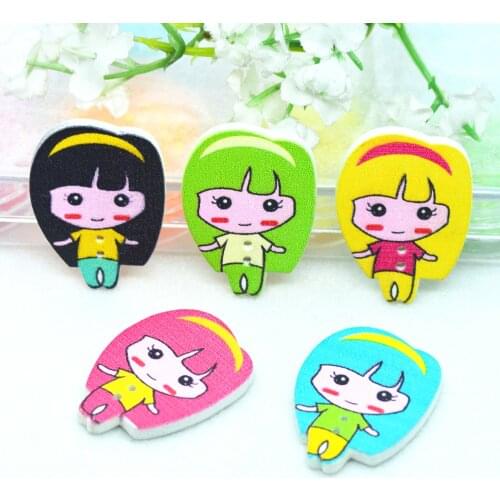 10PCS Wooden Flatback 2-Hole Cartoon Girl Decoration Buttons Sewing On Garment Dressing Up Buttons Children Hairpin Accessories