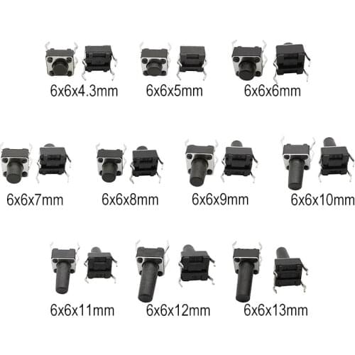 50Pcs 6x6mm Panel PCB Momentary 4Pin DIP 6*6*4.3/5/6/7/8/9/10/11/12/13MM Tactile Tact Mini Push Button Self-reset SMD Switch