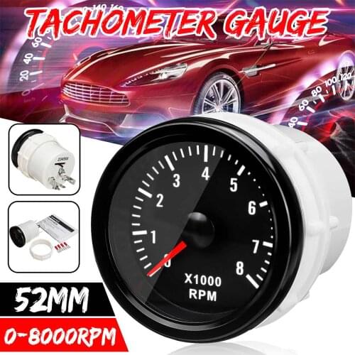 White Electrical Rev Counter Tachometer Tacho Gauge 2" 52mm 0-8000 RPM (On dash) For Petrol Motor Engine Car Van Boat Motorcycle