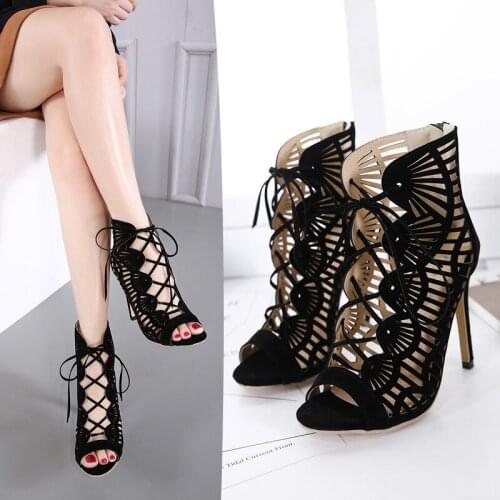 Fashion The New Rome Cutout Sandals Flock Party Lace-Up Zip Solid Sexy Cover Heel Thin Heels Catwalk Nightclub 12cm High Heels