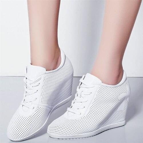 Lace Up Fashion Sneakers Women Breathable Genuine Leather Wedges High Heel Ankle Boots Female Round Toe Platform Casual Shoes