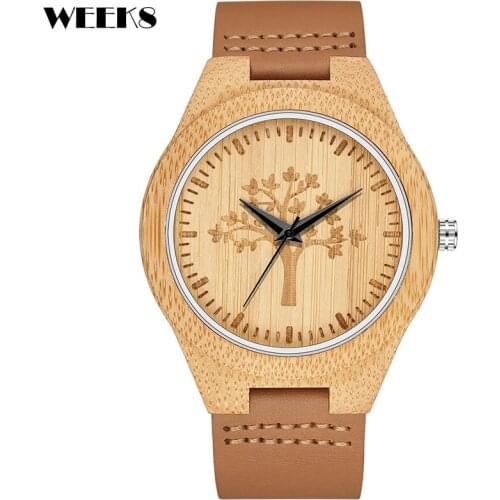 Bamboo Wooden Watch Men Wood Watches Leather Strap Quartz Wristwatch Tree of Life Engraved Dial Mens Clock reloj de madera