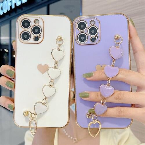 Love Heart Chain Wrist Strap Phone Case For iPhone 12 11 Pro Max XR X XS Max XS 7 8 Plus 12Mini Electroplated Matte Back Cover