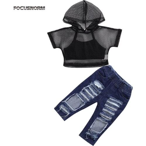 FOCUSNORM 1-6Y Fashion Kids Girls Clothes Sets 3pcs Mesh Short Sleeve T Shirts+Solid Vest+Blue Hole Denim Pants
