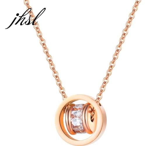 JHSL Fashion Jewelry Girls Statement Cubic Zircon Pendants Rose Gold Color Necklaces for Women Stainless Steel Chain