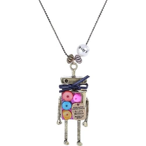 Lureme Vintage Robot Charm Long Necklace with Cute Colorful Button Body for Women Girl (nl005585)